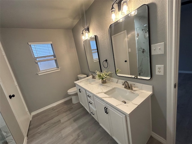 bathroom with toilet, walk in shower, hardwood / wood-style flooring, and vanity