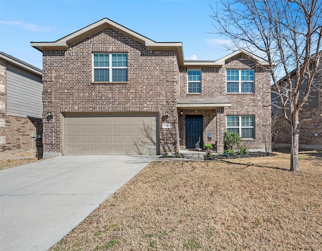 traditional-style house featuring concrete driveway, brick siding, an attached garage, and a front lawn