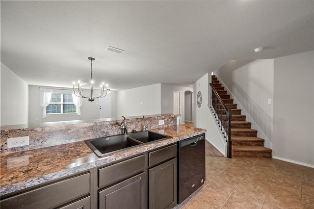 kitchen with black dishwasher, visible vents, arched walkways, a chandelier, and a sink