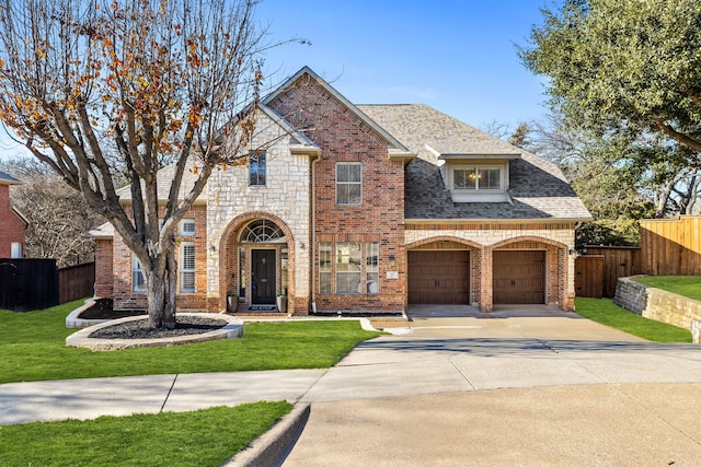 view of property with a garage and a front lawn