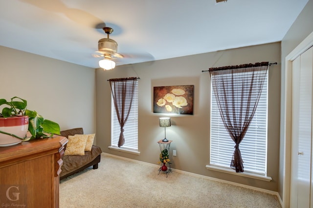 living area with ceiling fan and carpet flooring