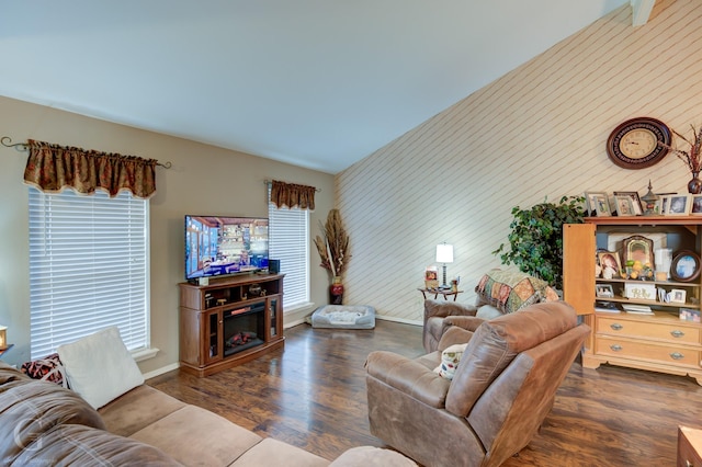 living room featuring dark hardwood / wood-style floors and wood walls