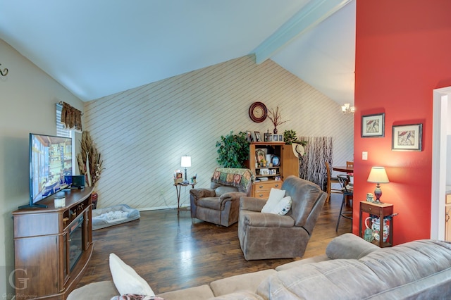 living room featuring lofted ceiling with beams, a chandelier, and hardwood / wood-style floors