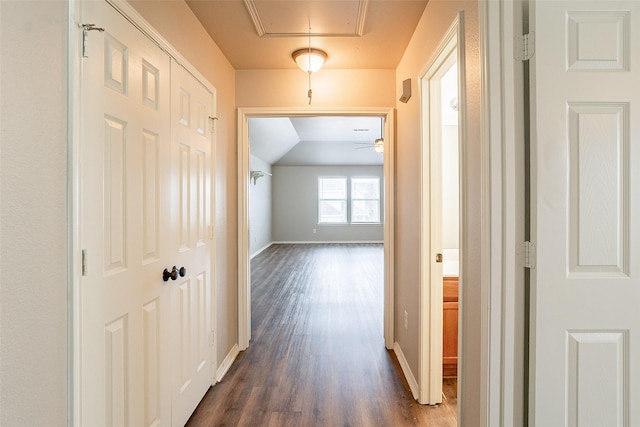 corridor featuring vaulted ceiling and dark hardwood / wood-style floors