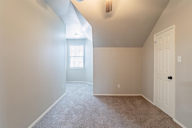 additional living space featuring ceiling fan, carpet, and lofted ceiling