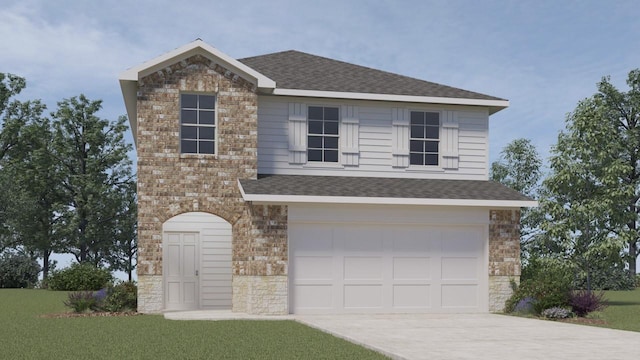 view of front of property with a garage and a front lawn