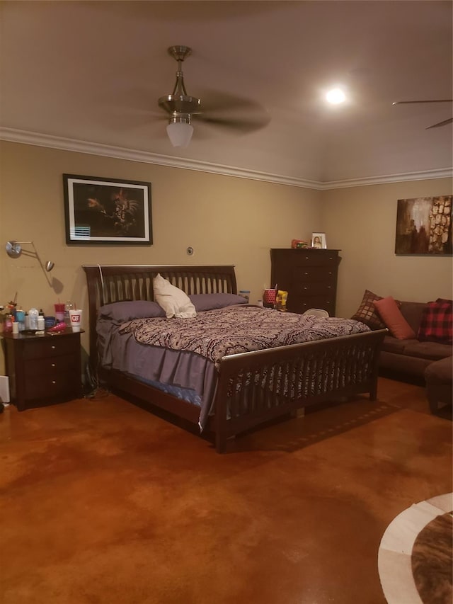 bedroom with ceiling fan, carpet, and ornamental molding