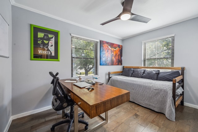 office space featuring crown molding, hardwood / wood-style flooring, and ceiling fan