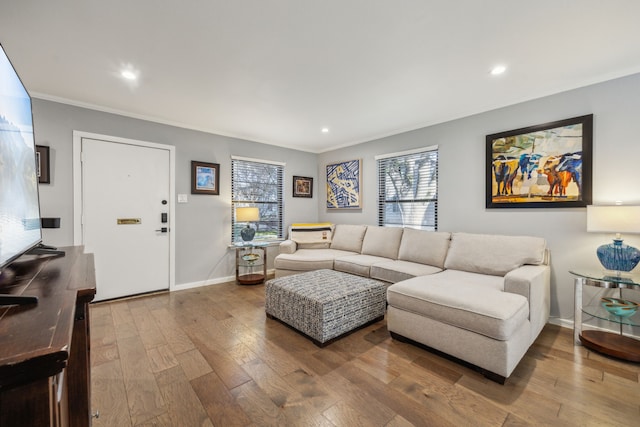 living room featuring wood-type flooring and crown molding