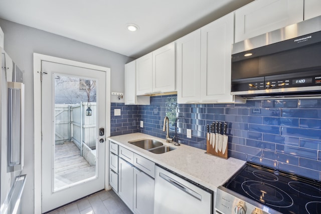 kitchen with sink, white cabinets, decorative backsplash, and appliances with stainless steel finishes