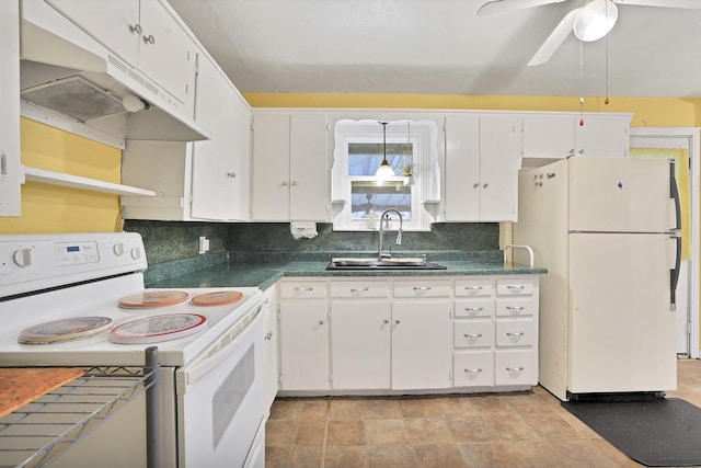 kitchen featuring decorative backsplash, sink, white appliances, and white cabinets