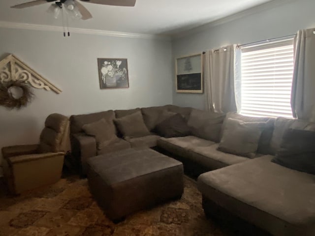 living room featuring ceiling fan and ornamental molding