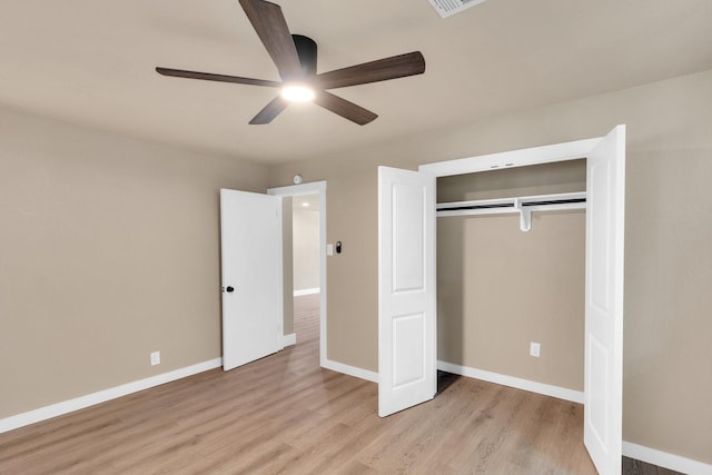 3482 Bandera Rd, Fort Worth, TX 76116 - unfurnished bedroom with light wood finished floors, a closet, baseboards, and ceiling fan
