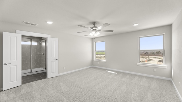 unfurnished bedroom with visible vents, baseboards, a ceiling fan, carpet, and recessed lighting