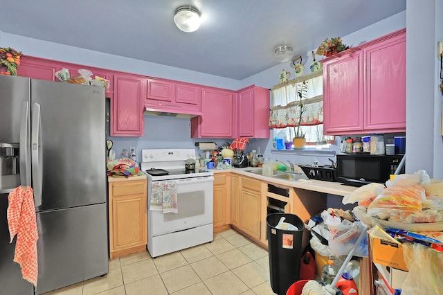 kitchen featuring sink, electric range, light tile patterned floors, and stainless steel fridge with ice dispenser