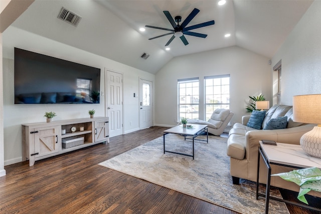 living room with ceiling fan, dark hardwood / wood-style floors, and lofted ceiling