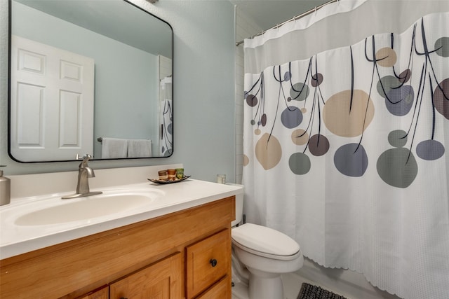 full bathroom featuring toilet, vanity, and shower / bath combination with curtain