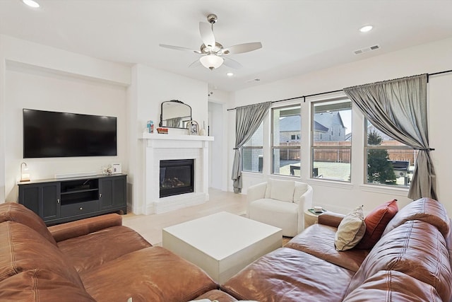 living room featuring ceiling fan