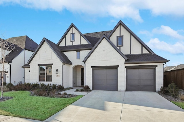 tudor-style house featuring a garage and a front lawn