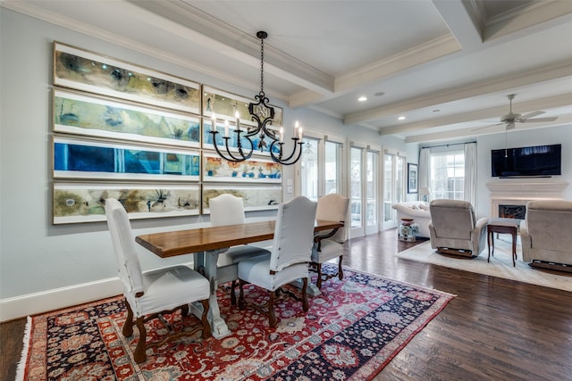 dining space featuring beam ceiling, wood-type flooring, and crown molding