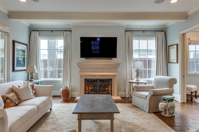 living room featuring plenty of natural light, wood-type flooring, and ornamental molding