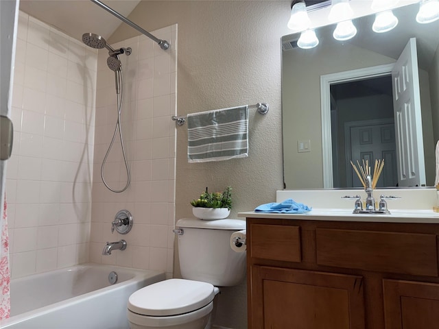 full bathroom with toilet, shower / bathtub combination with curtain, vaulted ceiling, and vanity