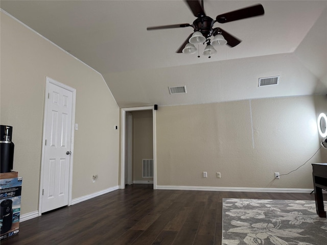 unfurnished living room featuring lofted ceiling, ceiling fan, and dark hardwood / wood-style floors