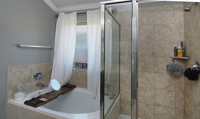 bathroom featuring combined bath / shower with glass door and ornamental molding