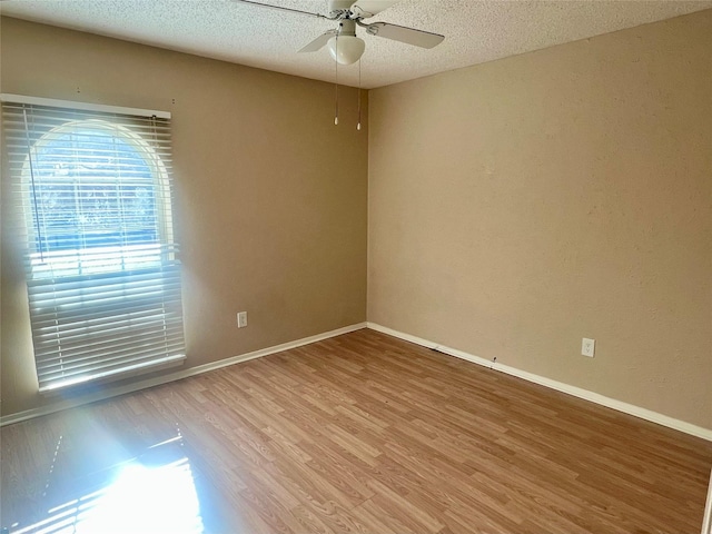 empty room featuring a textured ceiling, ceiling fan, and wood-type flooring