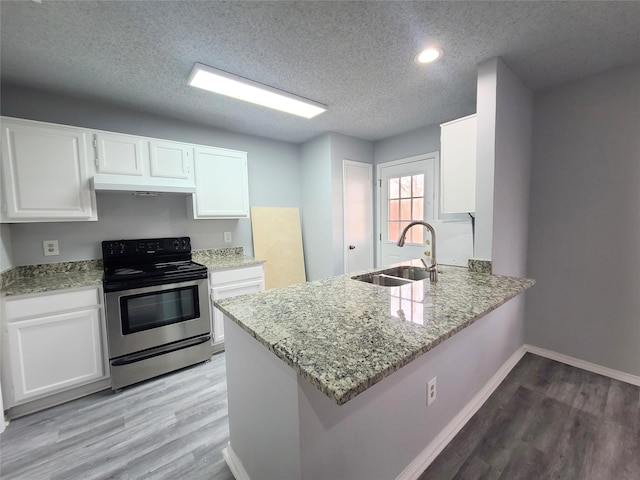 kitchen with sink, stainless steel range with electric stovetop, a textured ceiling, kitchen peninsula, and white cabinets