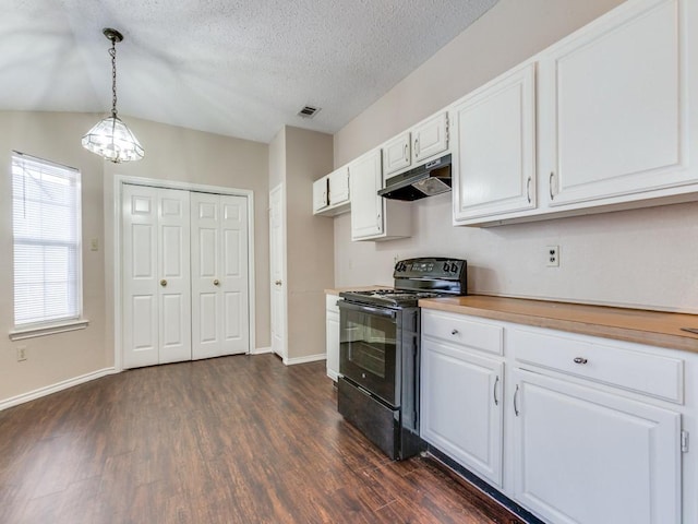 kitchen featuring pendant lighting, a textured ceiling, dark wood-type flooring, white cabinetry, and black range with electric stovetop