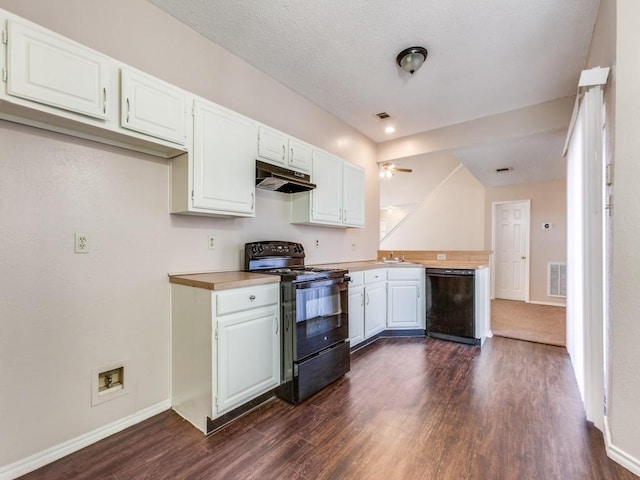 kitchen featuring ceiling fan, dark hardwood / wood-style floors, black appliances, sink, and white cabinetry