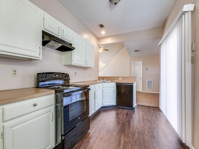 kitchen with ceiling fan, white cabinetry, dark hardwood / wood-style floors, and black appliances