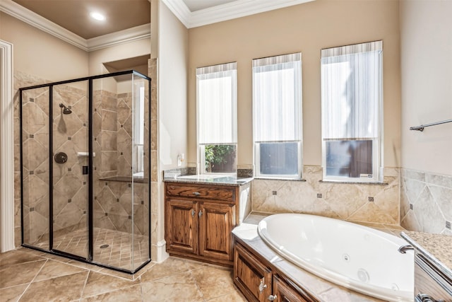 bathroom with vanity, plus walk in shower, and ornamental molding