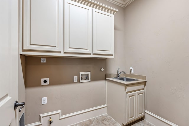 laundry area featuring electric dryer hookup, hookup for a washing machine, cabinets, gas dryer hookup, and sink