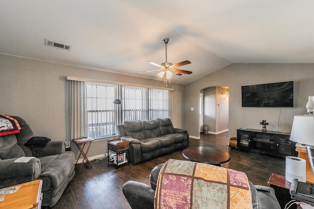 living room with lofted ceiling, ceiling fan, and dark hardwood / wood-style floors