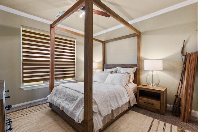 bedroom with ceiling fan, light colored carpet, and crown molding