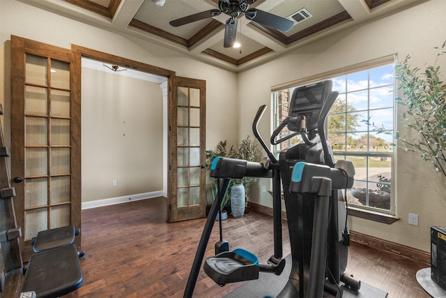 workout room with french doors, dark hardwood / wood-style flooring, coffered ceiling, and ornamental molding