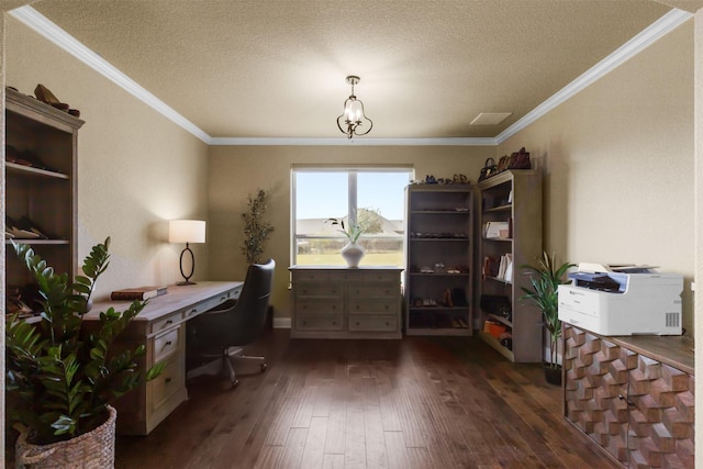 office with a textured ceiling, dark hardwood / wood-style flooring, and crown molding