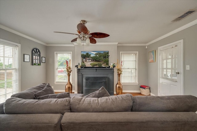 living room featuring ceiling fan and crown molding