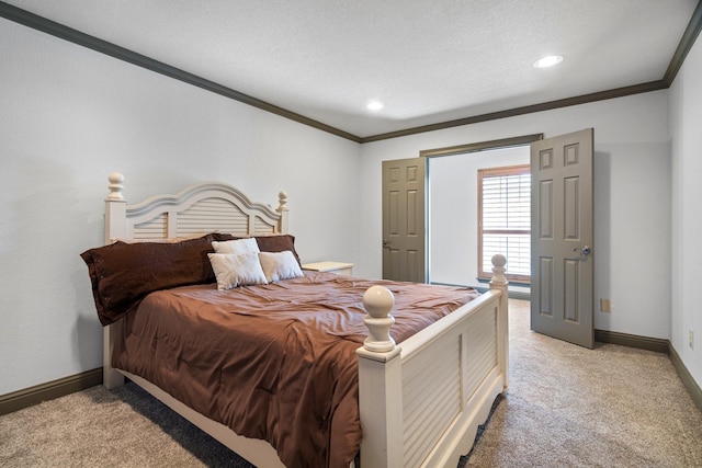 carpeted bedroom with crown molding