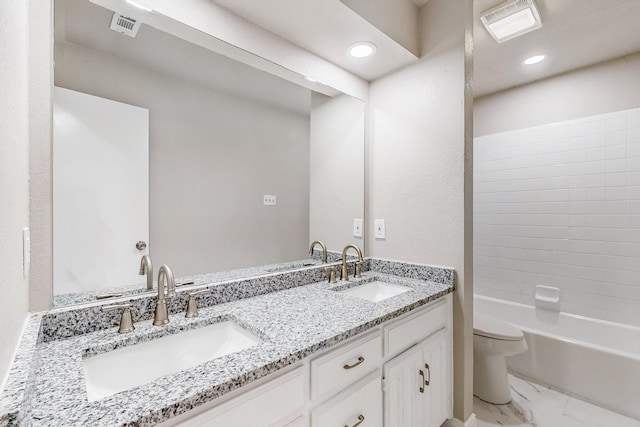 full bathroom with vanity, toilet, and shower / bathtub combination