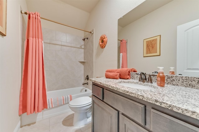 full bathroom featuring shower / bath combination with curtain, tile patterned floors, toilet, and vanity