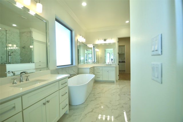 bathroom with separate shower and tub, vanity, and ornamental molding