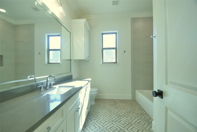 bathroom with toilet, plenty of natural light, a bathing tub, and crown molding