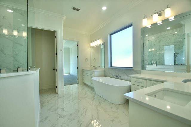 bathroom with vanity, ornamental molding, and separate shower and tub