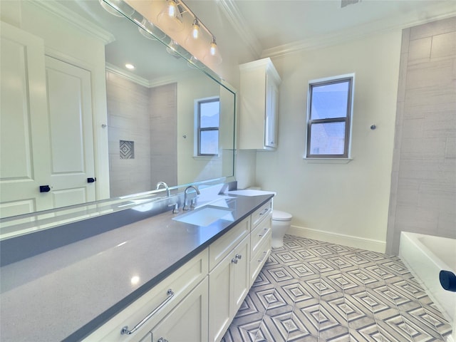 full bathroom featuring a wealth of natural light, toilet, vanity, and ornamental molding