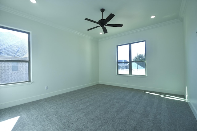 carpeted empty room with ornamental molding and plenty of natural light