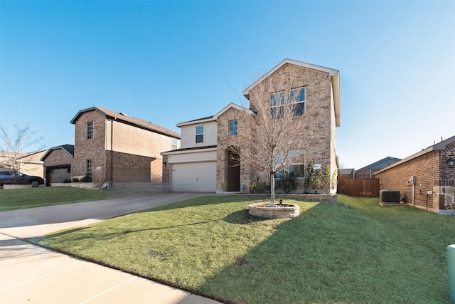 traditional-style home with a front yard, an attached garage, central AC unit, and driveway