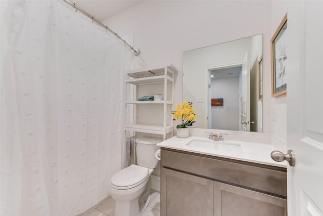 bathroom with tile patterned flooring, a shower with shower curtain, toilet, and vanity